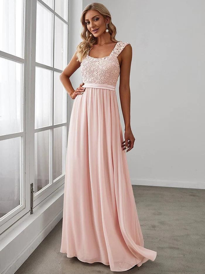 Custom Size Custom Size Elegant A Line Long Chiffon Bridesmaid Dress With Lace Bodice