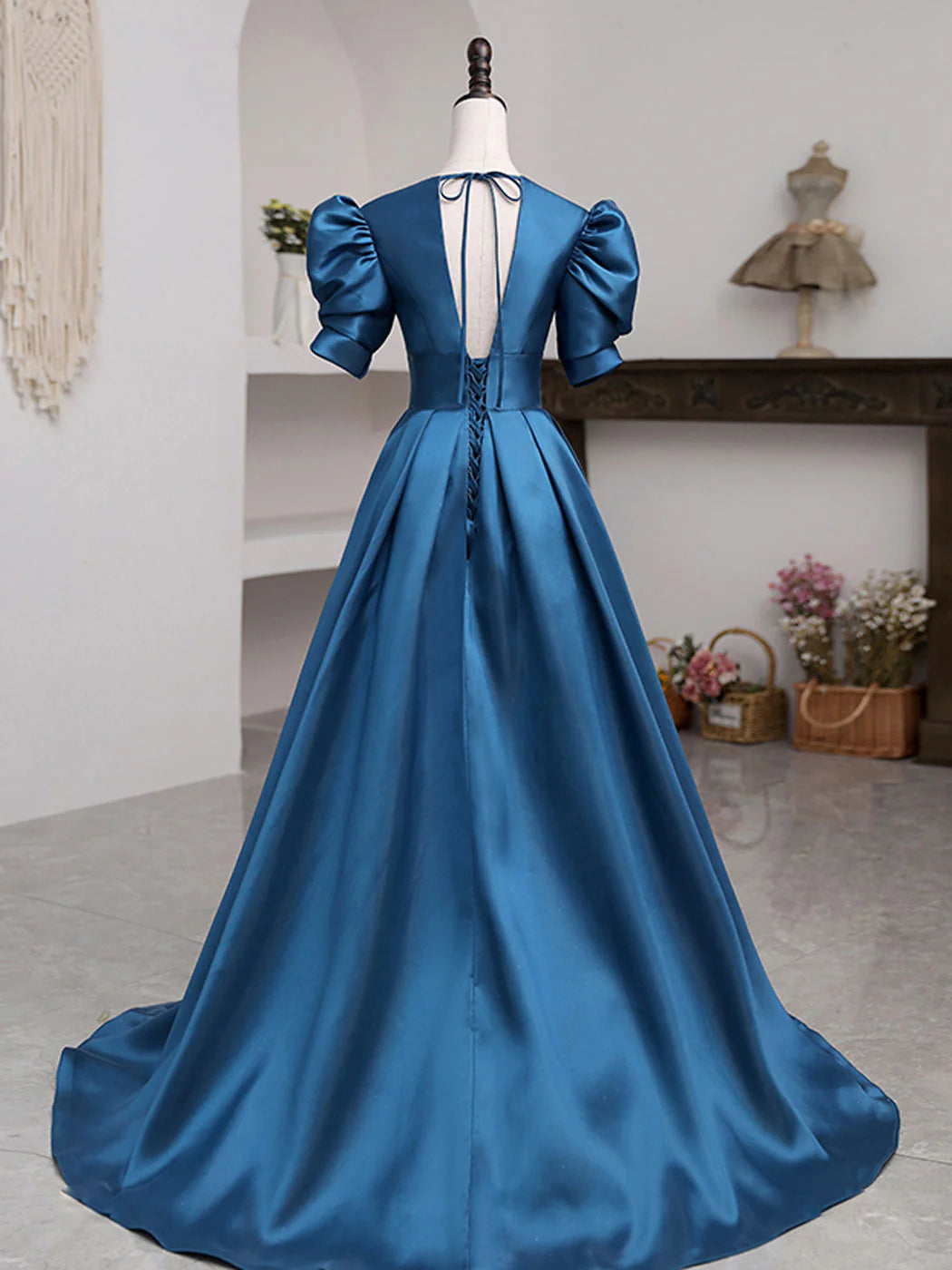 V Neck Satin Long Prom Dresses Blue Satin Long Evening Dress