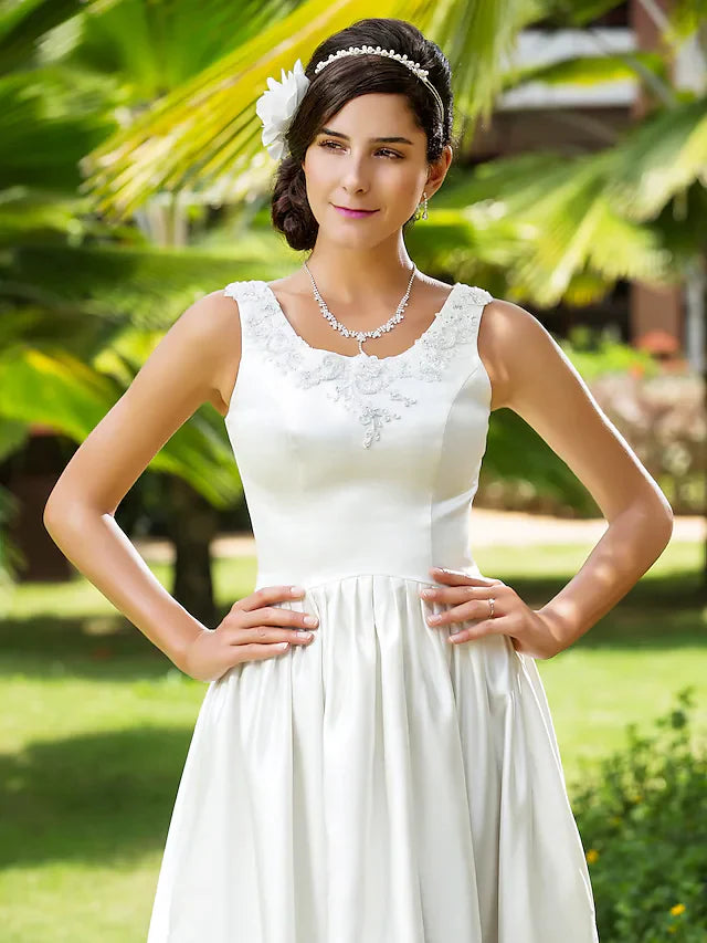 DingjiPrincess A-Line Wedding Dresses Scoop Neck Asymmetrical Satin Sleeveless with Beading Appliques Pocket