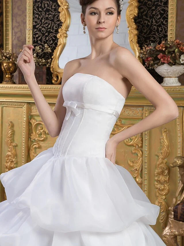 DingjiBall Gown Wedding Dresses Strapless Court Train Organza Satin Strapless with Pick Up Skirt Bow(s)