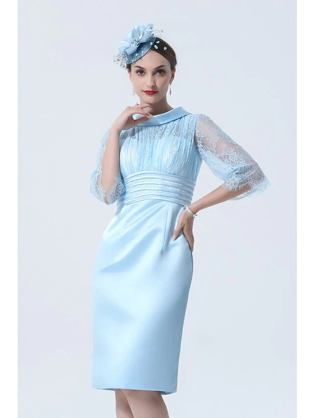 Mother of the Bride Dress See Through Jewel Neck Knee Length Charmeuse Half Sleeve with Lace Sash Ribbon