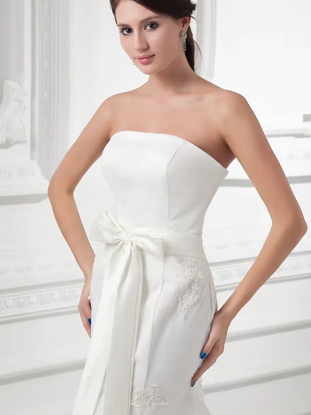 DingjiWedding Dresses Strapless Chapel Train Lace Satin Tulle Strapless with Bow(s) Buttons Beading