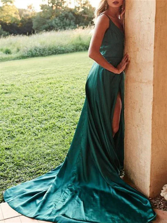 Women's A-Line/Princess Elastic Woven Satin V-Neck Sweep/Brush Train Long Prom Dresses