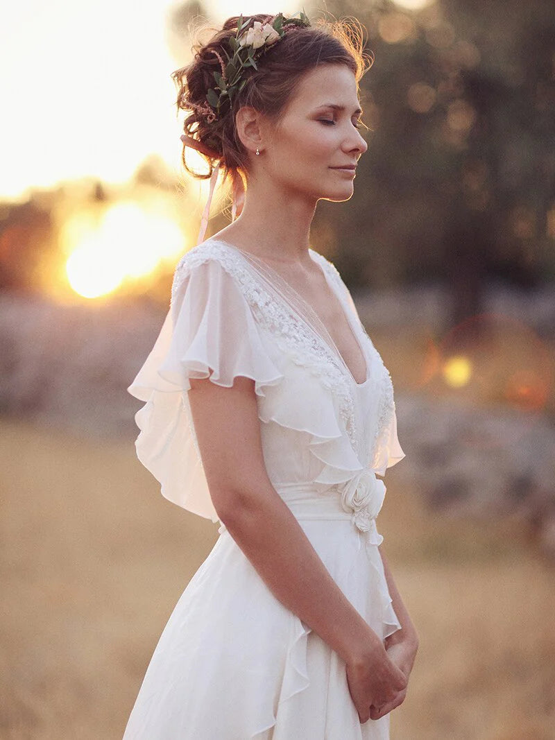 Dingji WeddingjiDress Elegant A-Line Ivory Flower Cap Sleeve V-Neck Chiffon Open Back Wedding Dresses