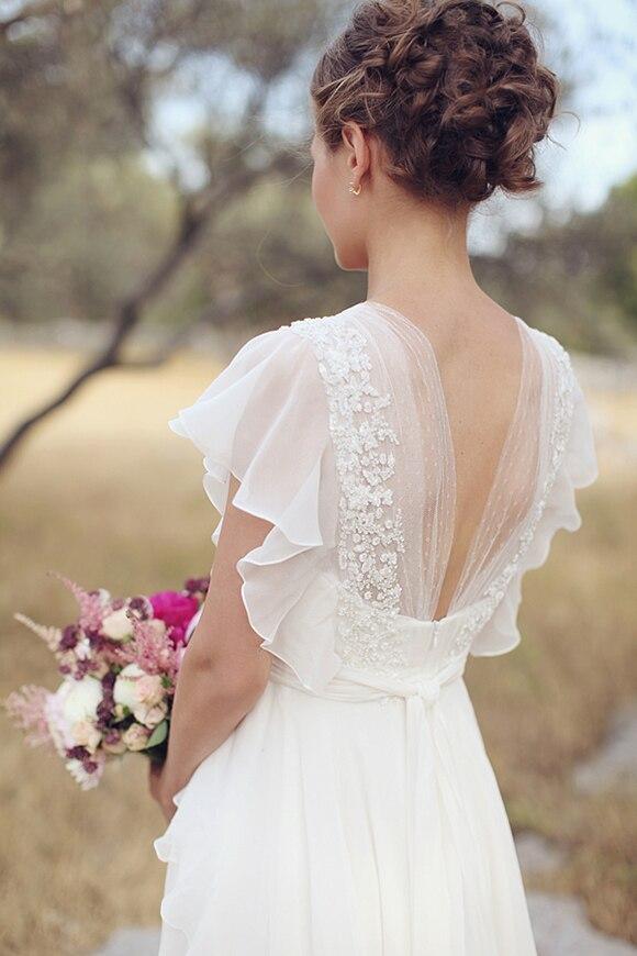 Dingji WeddingjiDress Elegant A-Line Ivory Flower Cap Sleeve V-Neck Chiffon Open Back Wedding Dresses