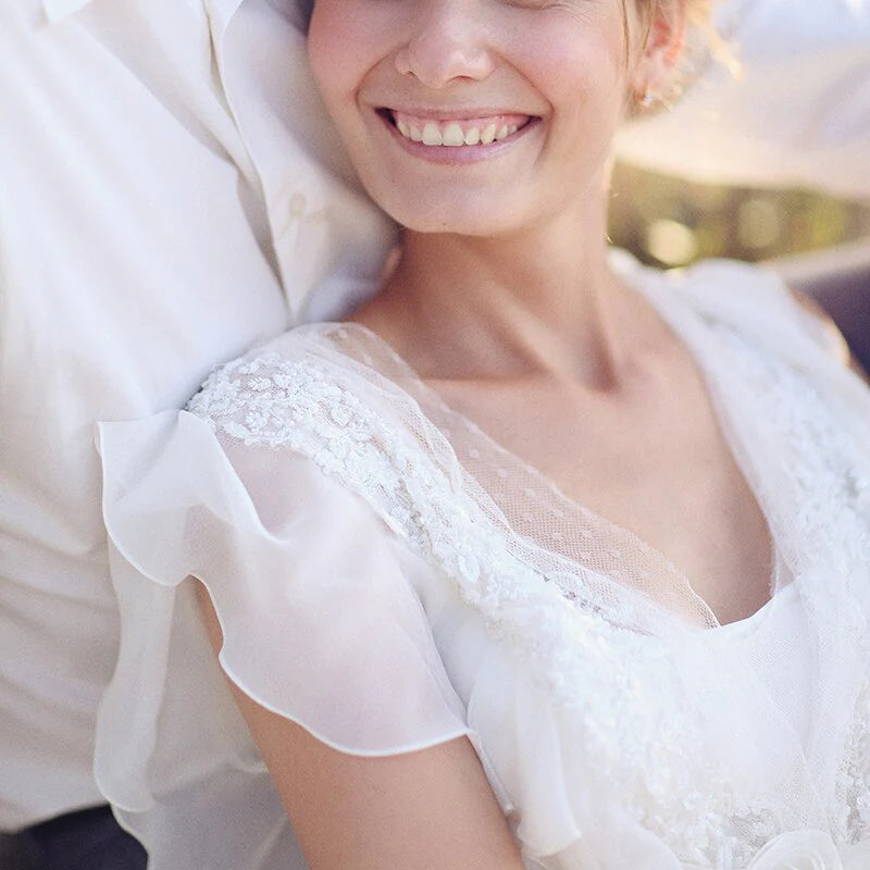 Dingji WeddingjiDress Elegant A-Line Ivory Flower Cap Sleeve V-Neck Chiffon Open Back Wedding Dresses