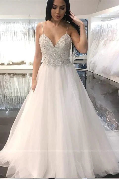 Dingji WeddingjiDress Elegant A Line Spaghetti Straps Backless V Neck Organza Wedding Dress with Beads