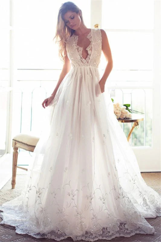 A Line V Neck Ivory Straps Lace Wedding Gowns with Applique