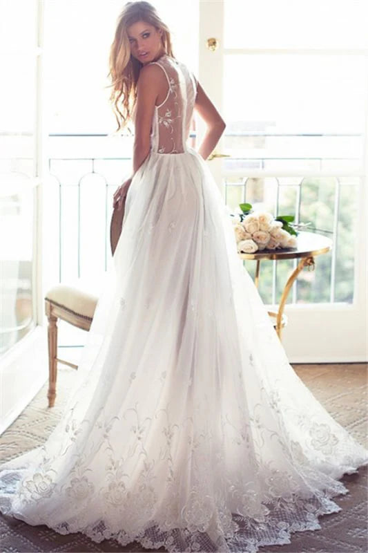 A Line V Neck Ivory Straps Lace Wedding Gowns with Applique
