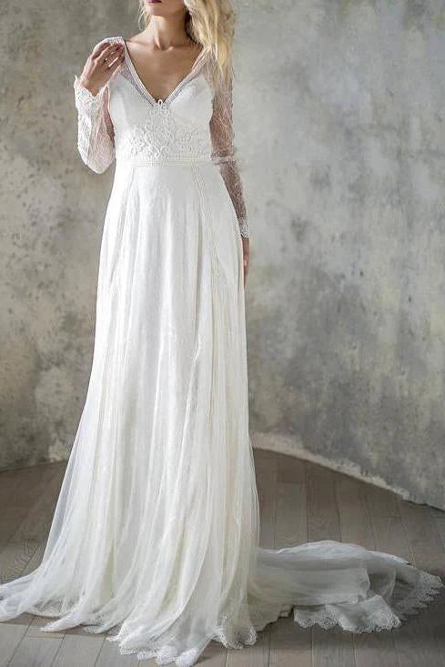 A Line V Neck Long Sleeve Ivory Lace Backless Beach Boho Wedding Dresses