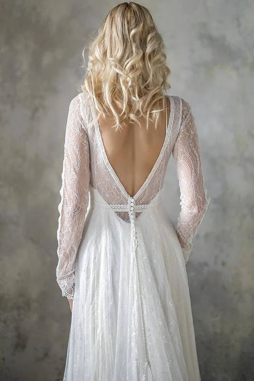 A Line V Neck Long Sleeve Ivory Lace Backless Beach Boho Wedding Dresses