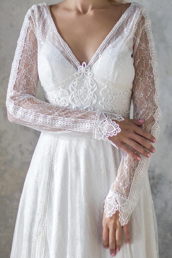 A Line V Neck Long Sleeve Ivory Lace Backless Beach Boho Wedding Dresses