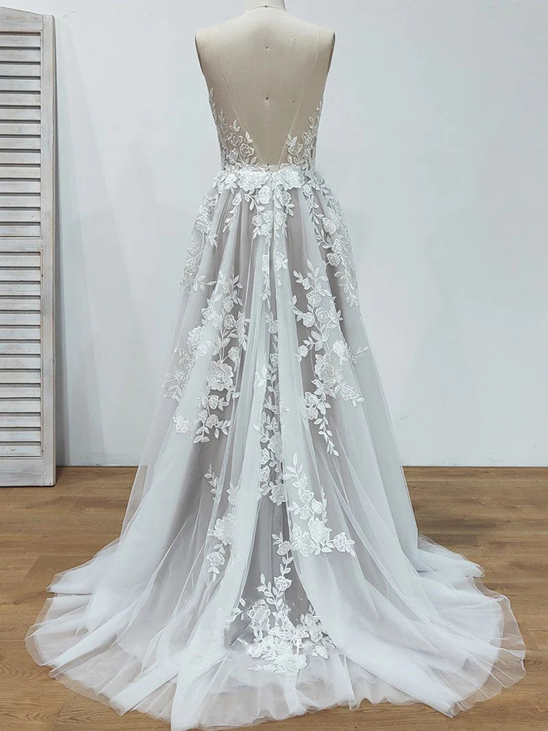 Elegant A Line V Neck Tulle Straps Open Back Ivory Sleeveless Wedding Dresses UK Lace Appliques