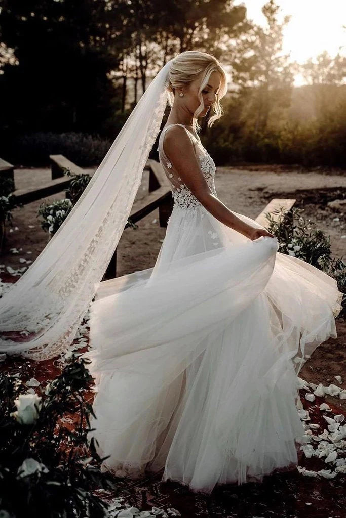 A Line V Neck Tulle Wedding Dresses with Flowers