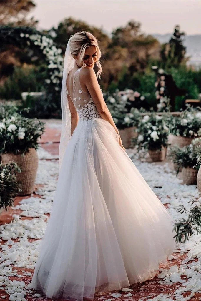 A Line V Neck Tulle Wedding Dresses with Flowers
