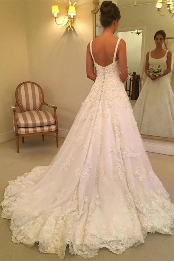Elegant A-line Scoop Sweep Train Sleeveless Wedding Dress with Ivory Appliques