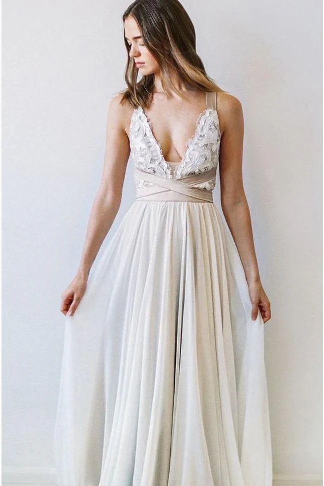 A Line V Neck Open Back Chiffon Ivory Lace Long Wedding Dresses