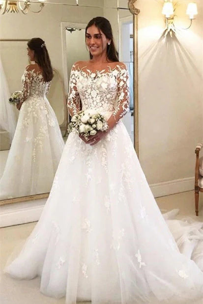 Elegant Illusion Neck Long Sleeves Tulle Wedding Dress with Appliques Bride Dress