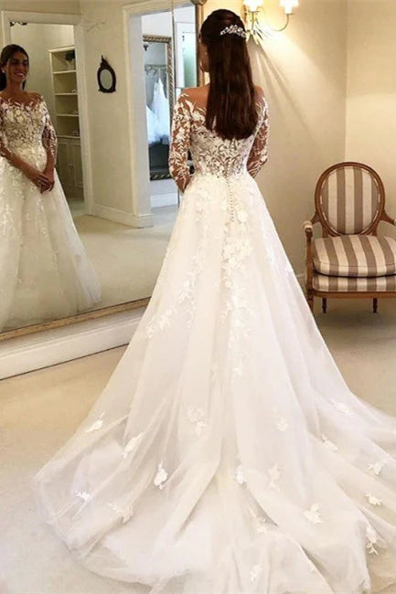 Elegant Illusion Neck Long Sleeves Tulle Wedding Dress with Appliques Bride Dress