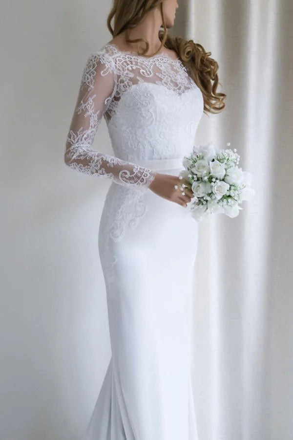 Elegant Lace Long Sleeves Mermaid Backless White Long Wedding Dress