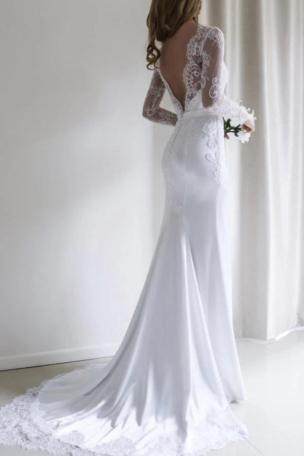 Elegant Lace Long Sleeves Mermaid Backless White Long Wedding Dress