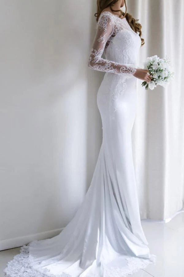 Elegant Lace Long Sleeves Mermaid Backless White Long Wedding Dress