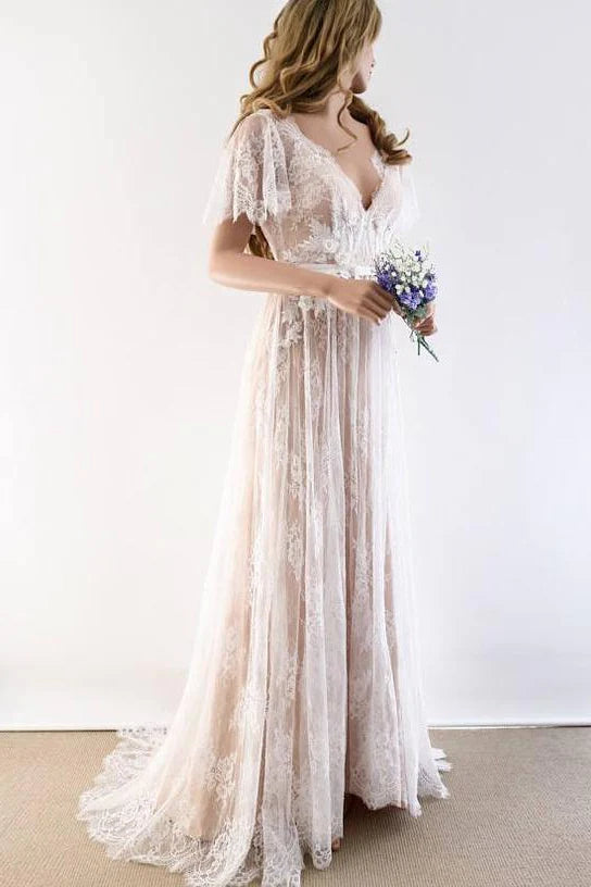 Elegant Lace V Neck Beach Wedding Dresses Short Sleeve Long Backless Wedding Gowns