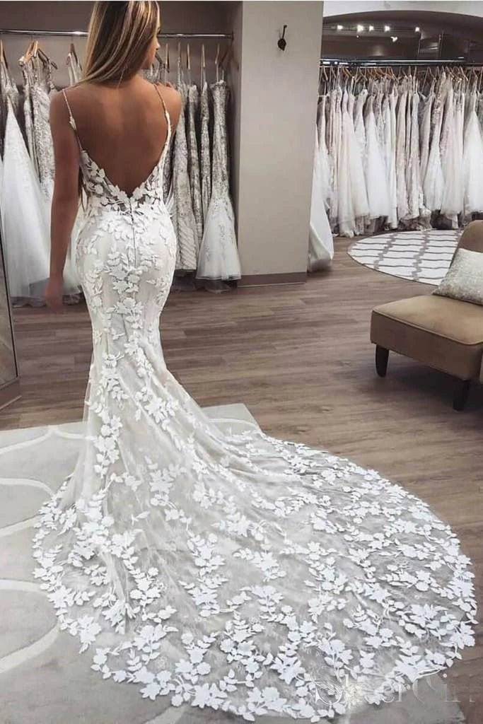 Elegant Mermaid Spaghetti Straps Lace V Neck Wedding Dresses Backless Bride Gowns