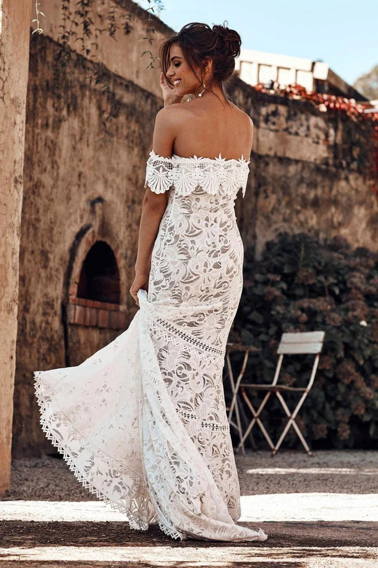 Elegant Off Shoulder Ivory Mermaid Lace Beach Wedding Dresses