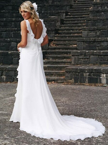 Elegant Sheath V Neck Chiffon Ruffles Sleeveless Open Back Wedding Dresses