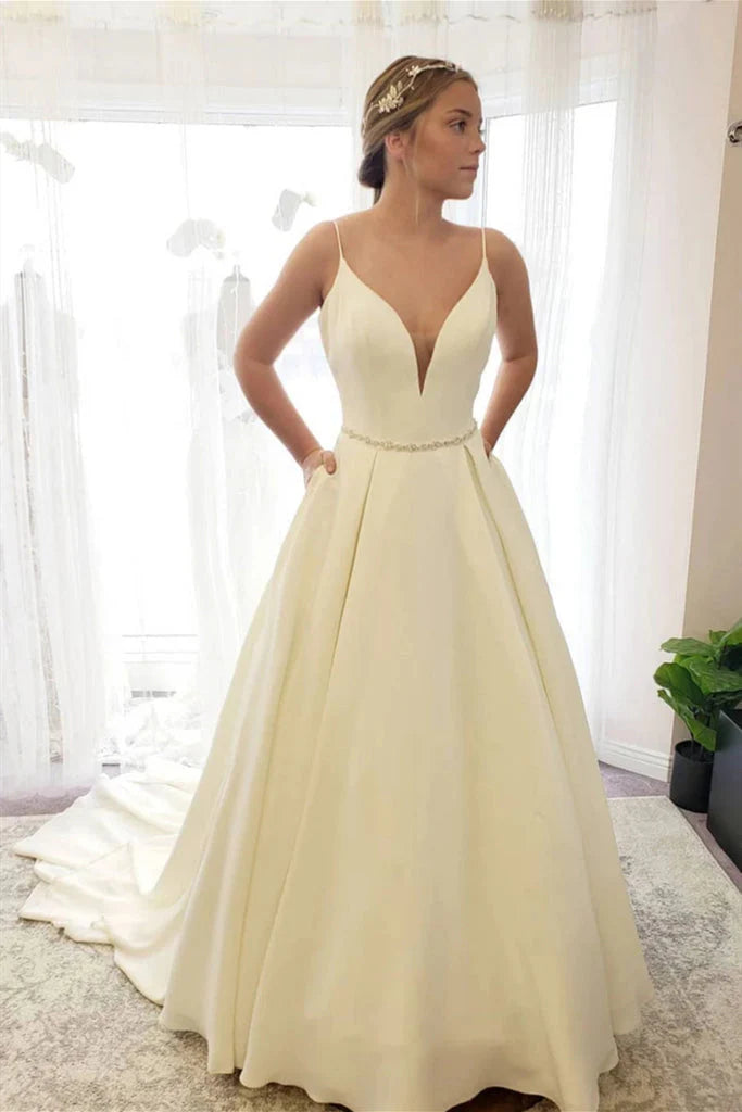 Dingji WeddingjiDress Elegant Simple Long Ivory V Neck Backless Prom Dresses Beach Wedding Dresses