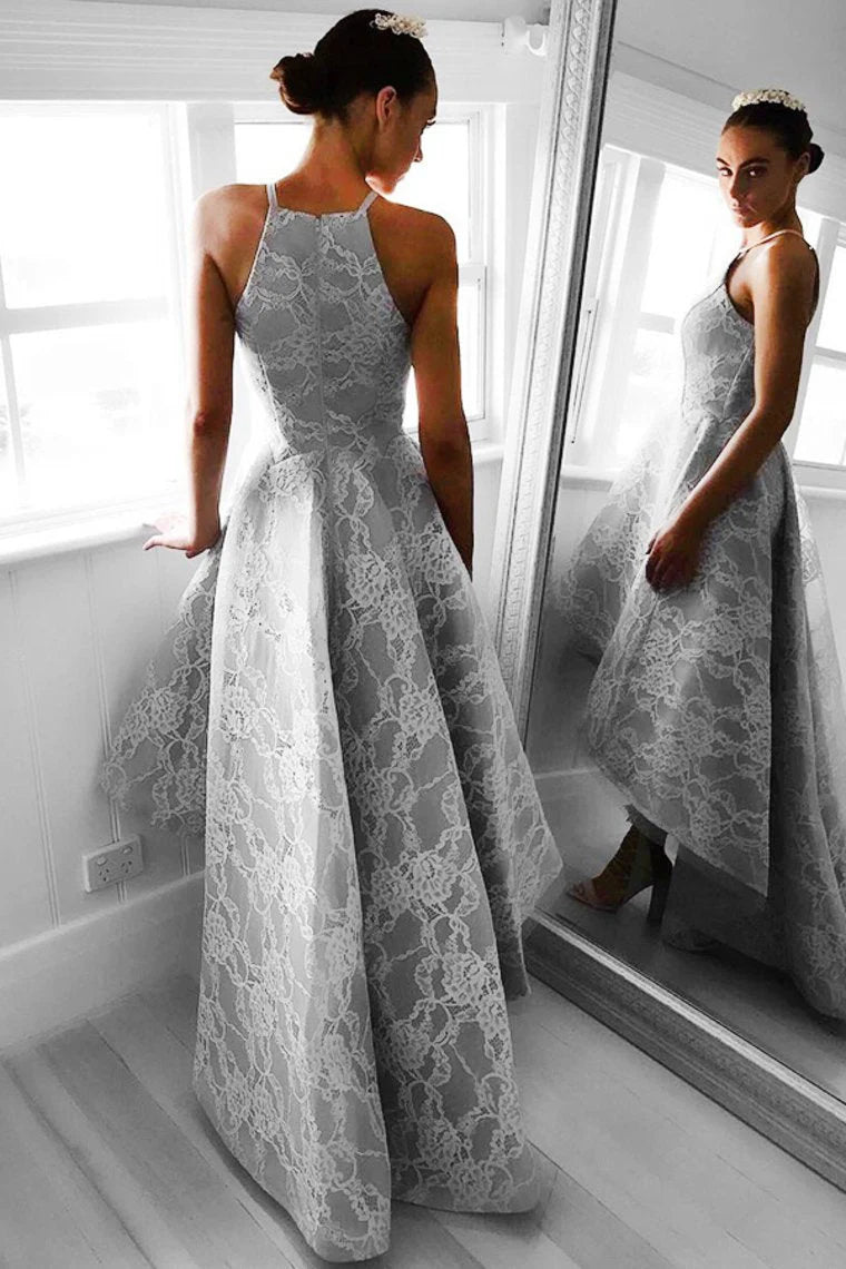 Elegant Spaghetti Straps High Low Gray Lace Long Prom Dresses Evening Dresses
