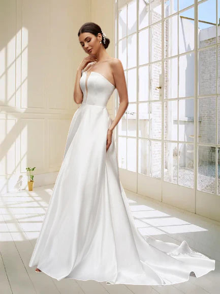 Dingji WeddingjiDress Cute Elegant Strapless Long A-Line Satin Wedding Dresses