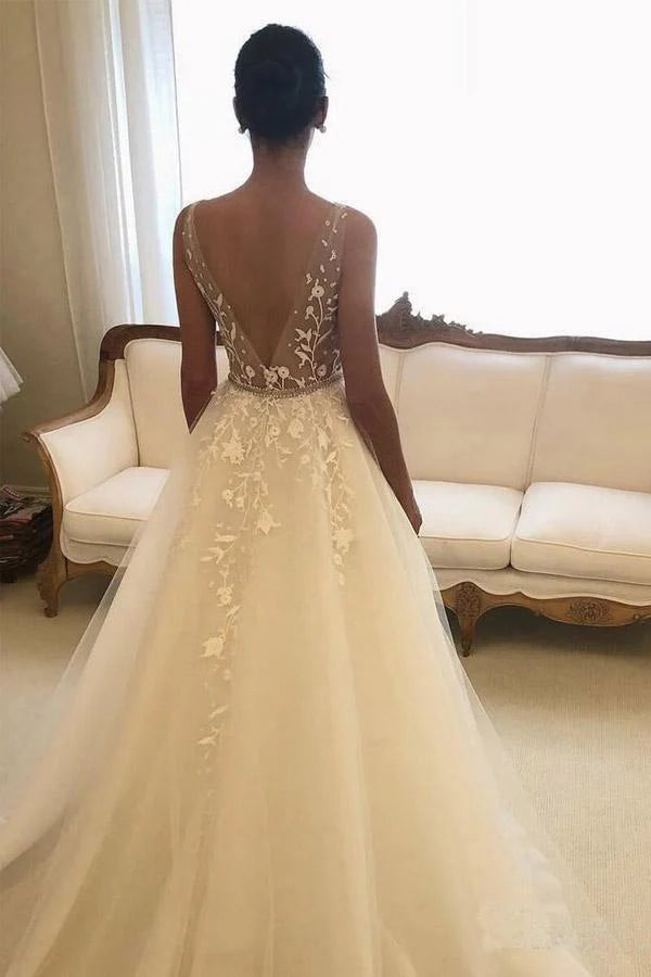 V Neck Ivory Lace Appliques Wedding Dresses with Tulle Beach Wedding Gowns