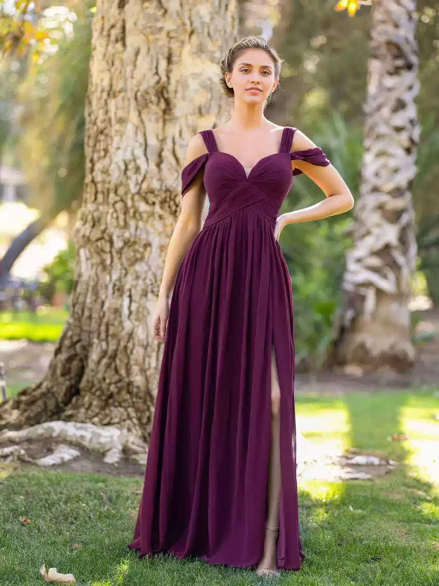 Elegant A-line V-neck and chiffon heart-shaped neckline with open shoulder, pleated and slit zipper back Prom Dresses
