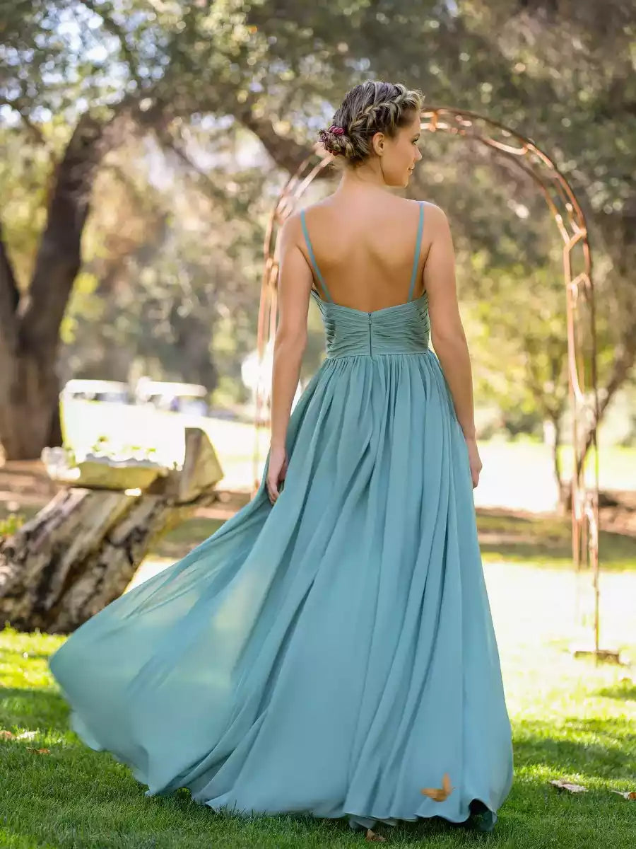 Elegant A-line V-neck thin shoulder strap with front slit and chiffon pleats Prom Dresses
