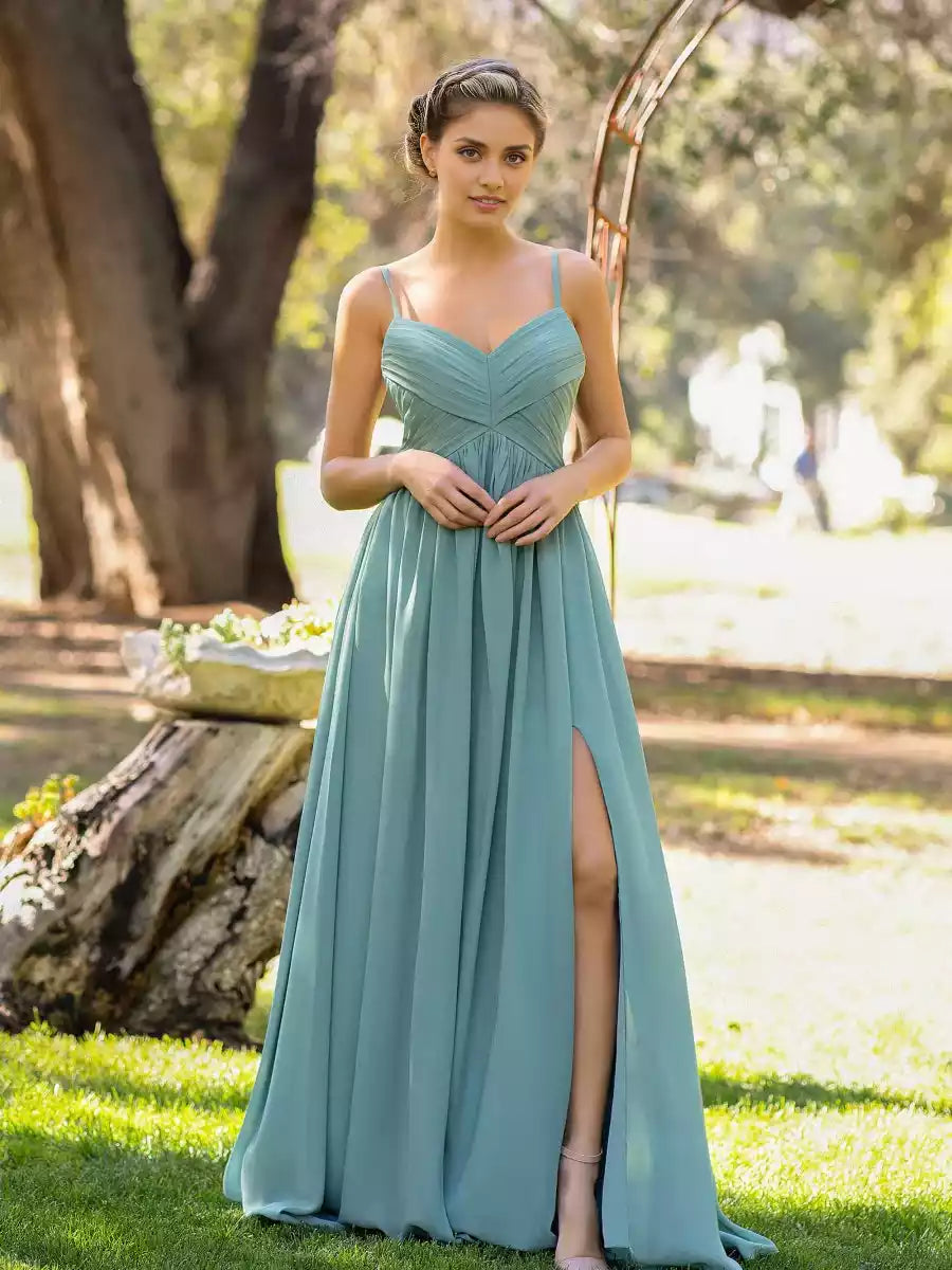 Elegant A-line V-neck thin shoulder strap with front slit and chiffon pleats Prom Dresses