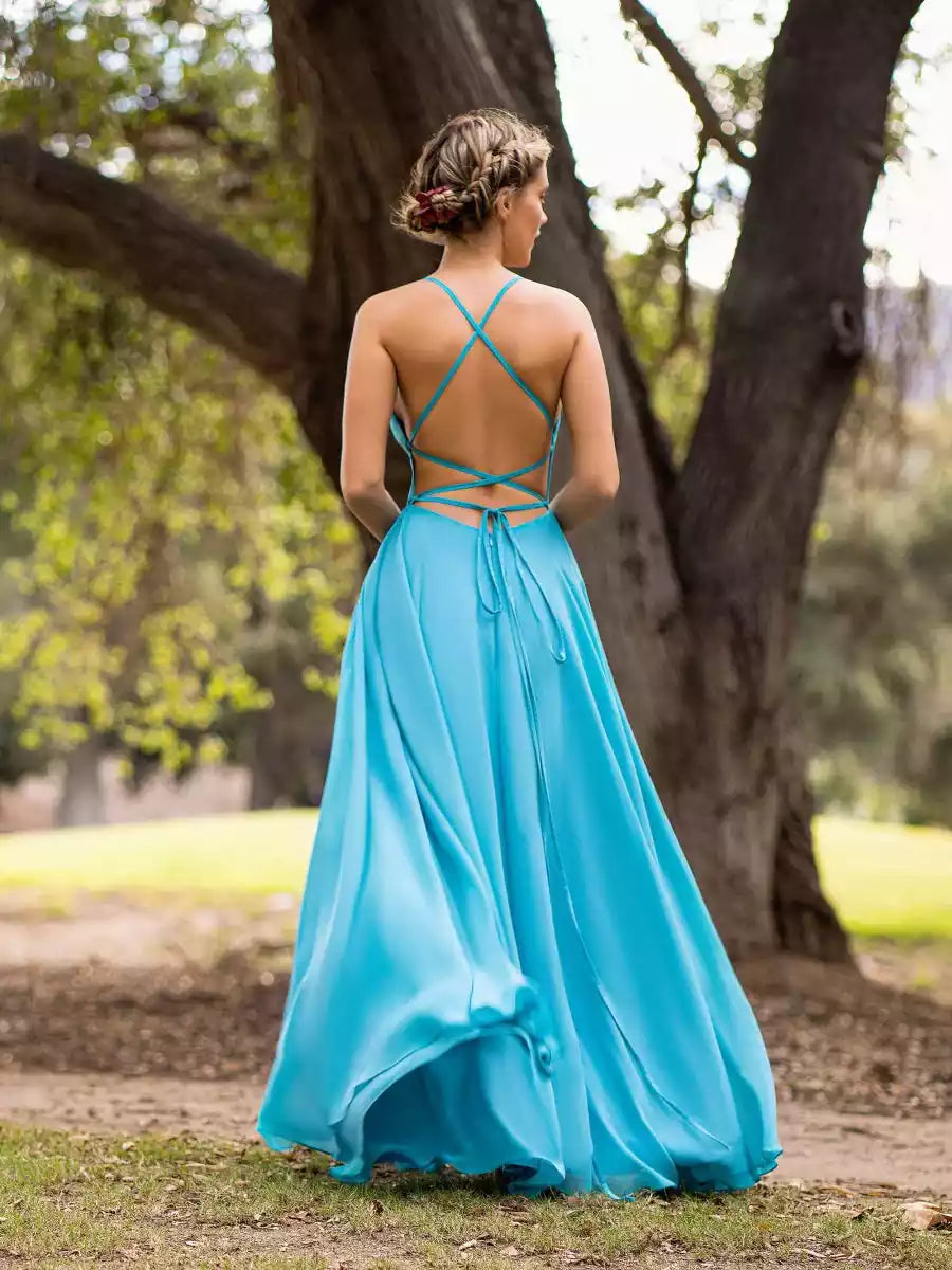 Elegant A-line chiffon and straight collar, slim shoulder straps sleeveless cross hollow backless Prom Dresses