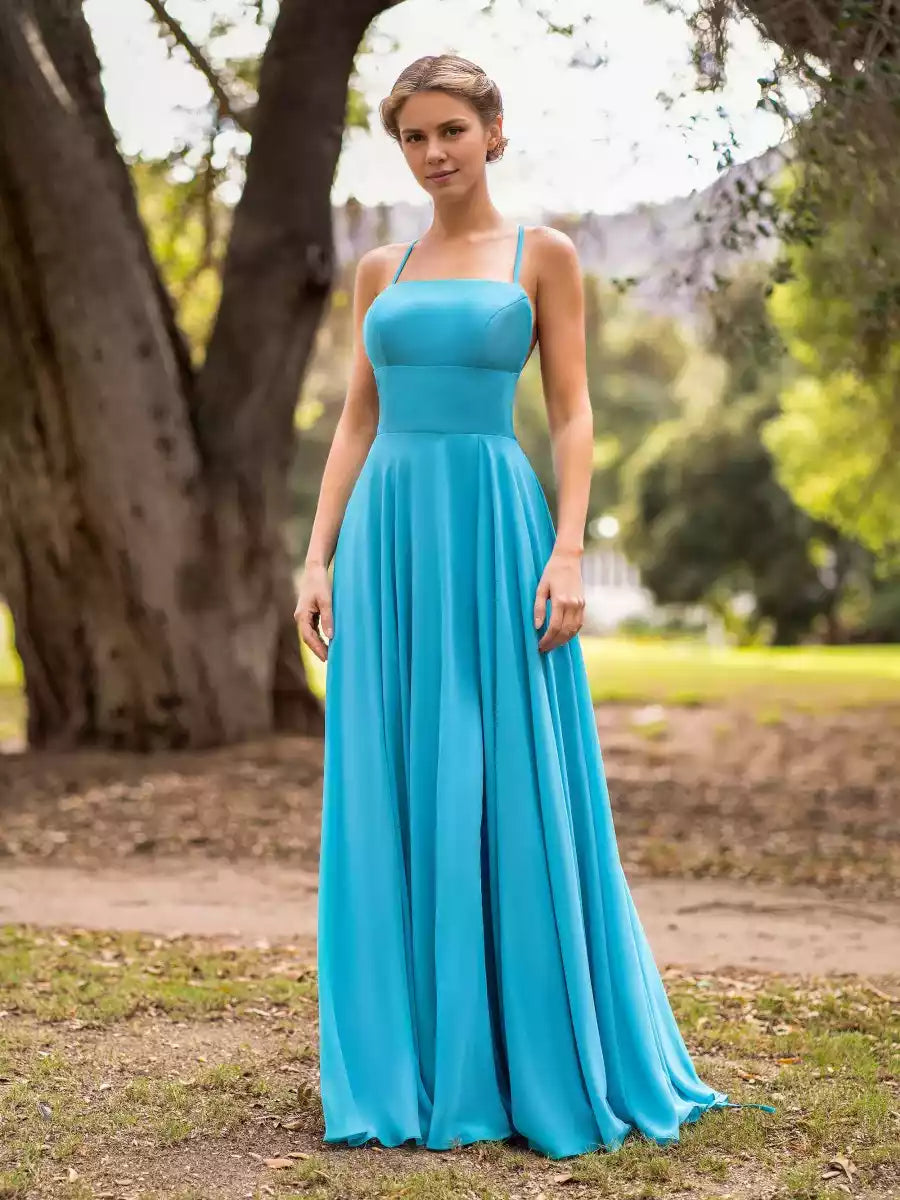 Elegant A-line chiffon and straight collar, slim shoulder straps sleeveless cross hollow backless Prom Dresses