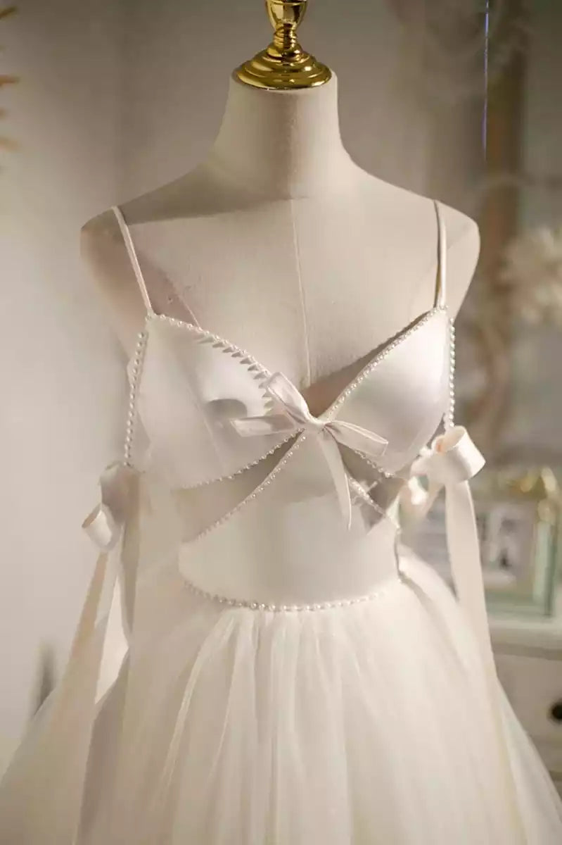 Elegant A-line chiffon short, thin shoulder strap, sleeveless neckline, bow tie, back, Prom Dresses