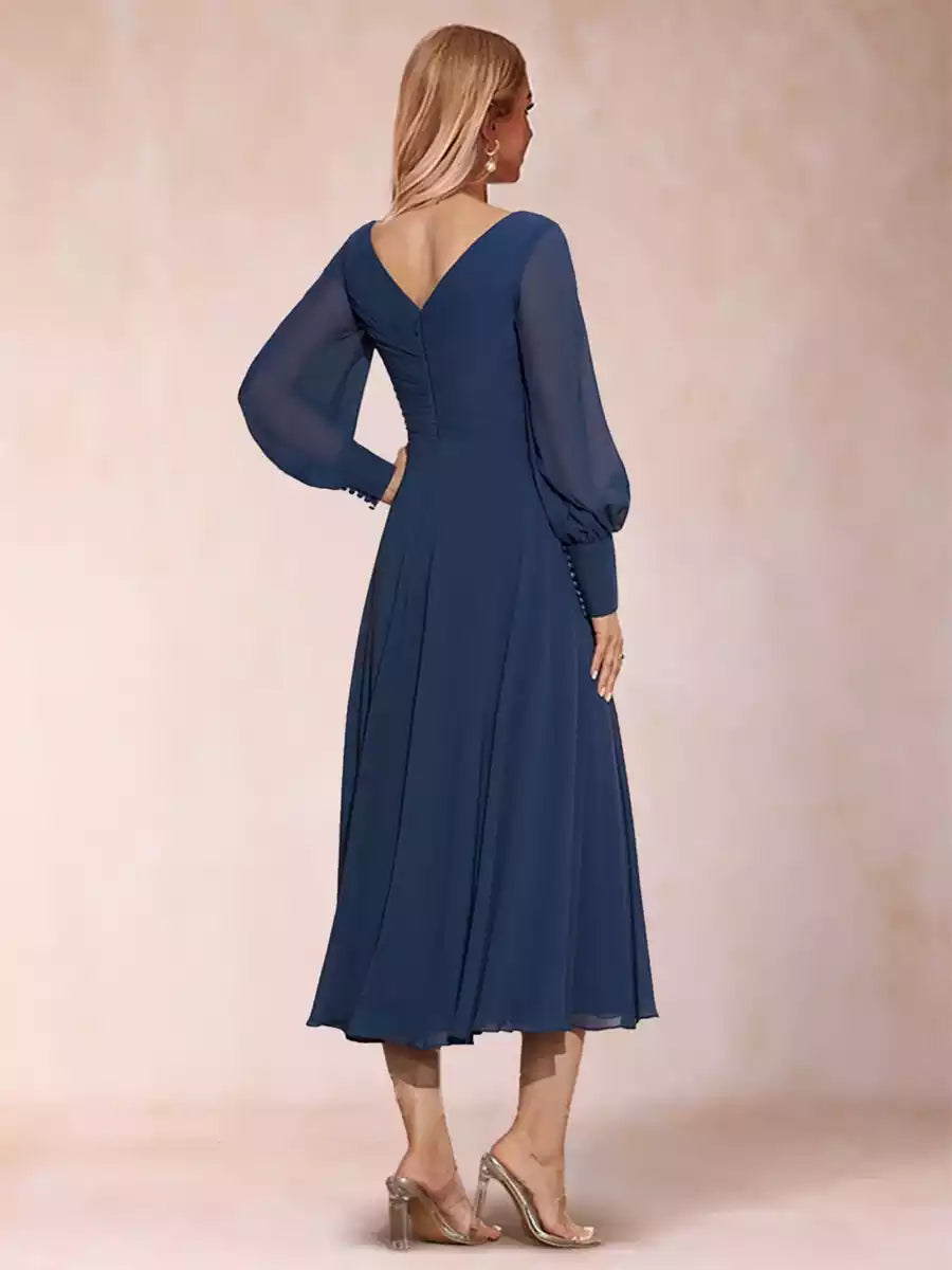 Elegant A-line/princess V-neck long sleeved pleated chiffon long sleeved Mother of the Bride Dresses