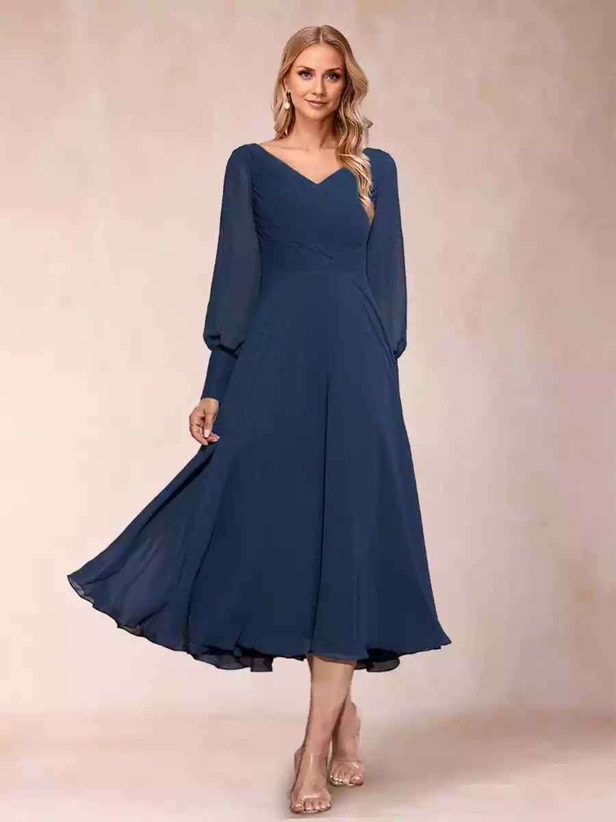 Elegant A-line/princess V-neck long sleeved pleated chiffon long sleeved Mother of the Bride Dresses