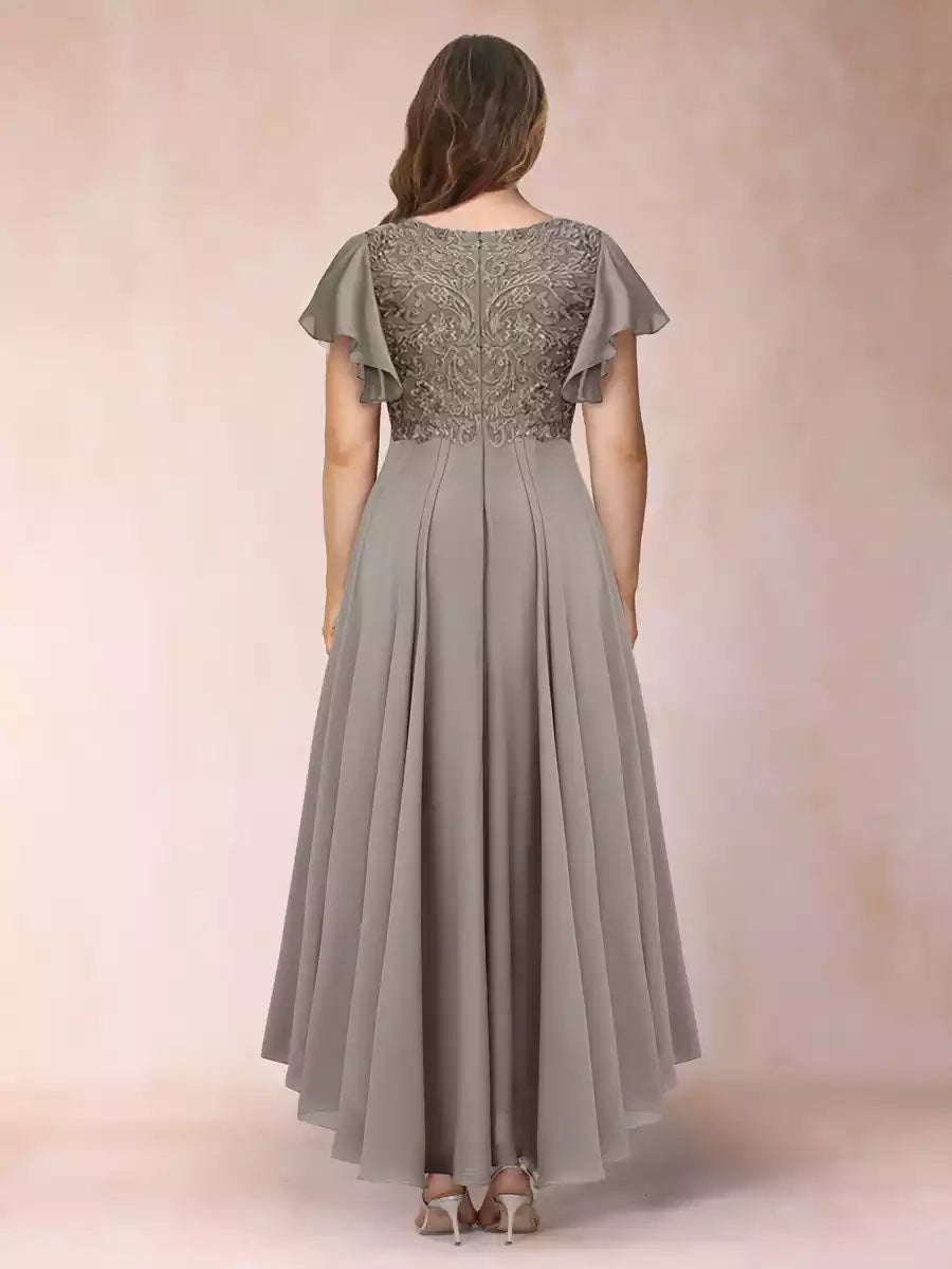 Elegant A-line/princess V-neck short sleeved long plus size decal Mother of the Bride Dresses