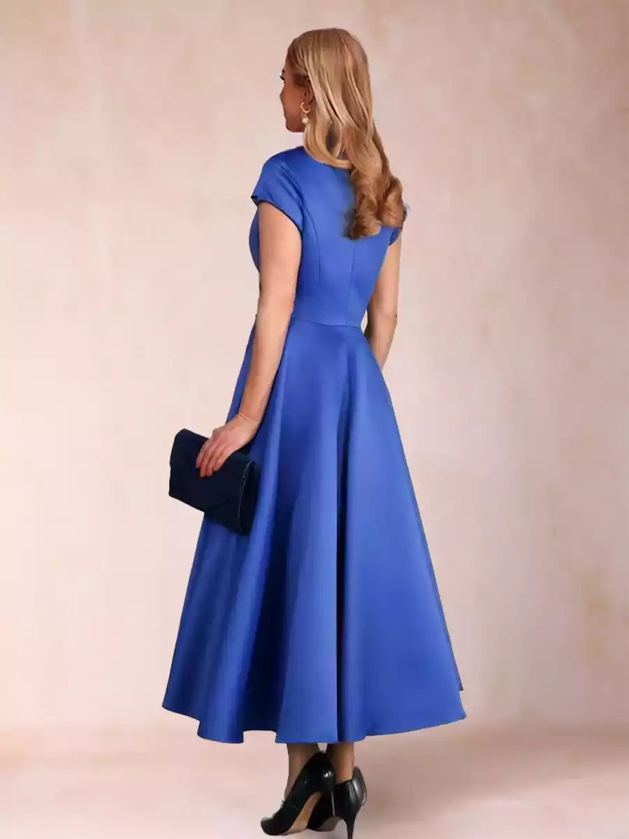 Elegant A-line/princess V-neck short sleeved shirt with ankle ruffles highlights dignified temperament Mother of the Bride Dresses