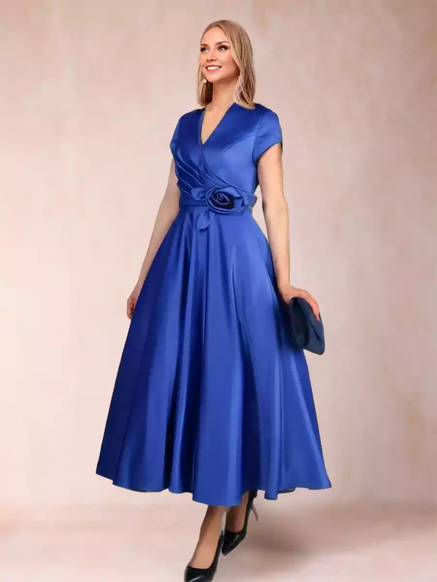 Elegant A-line/princess V-neck short sleeved shirt with ankle ruffles highlights dignified temperament Mother of the Bride Dresses