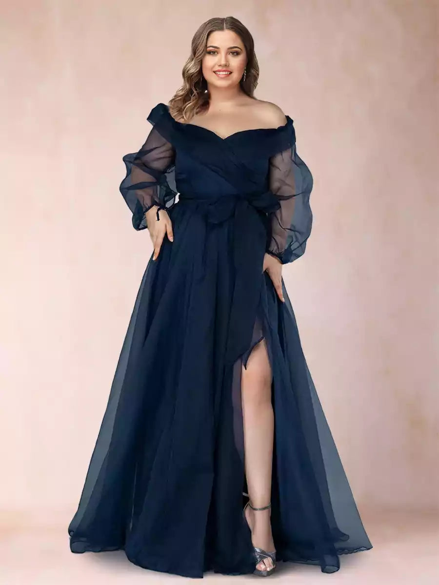 Elegant A-line/princess style off shoulder long sleeved plus size side slit Mother of the Bride Dresses