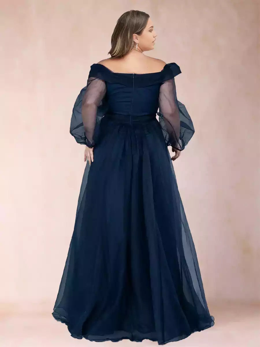 Elegant A-line/princess style off shoulder long sleeved plus size side slit Mother of the Bride Dresses