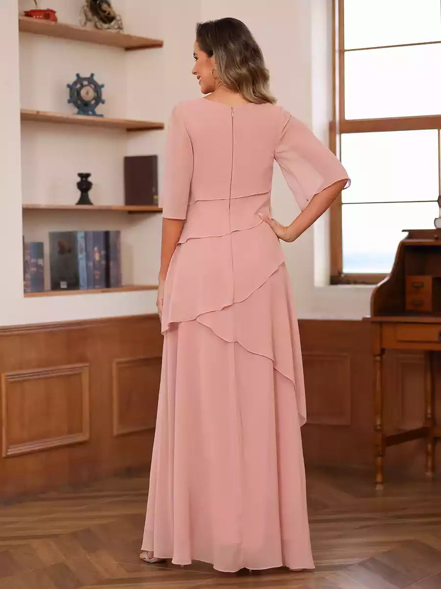 Elegant A-line/princess style round neck short sleeved layered chiffon Mother of the Bride Dresses