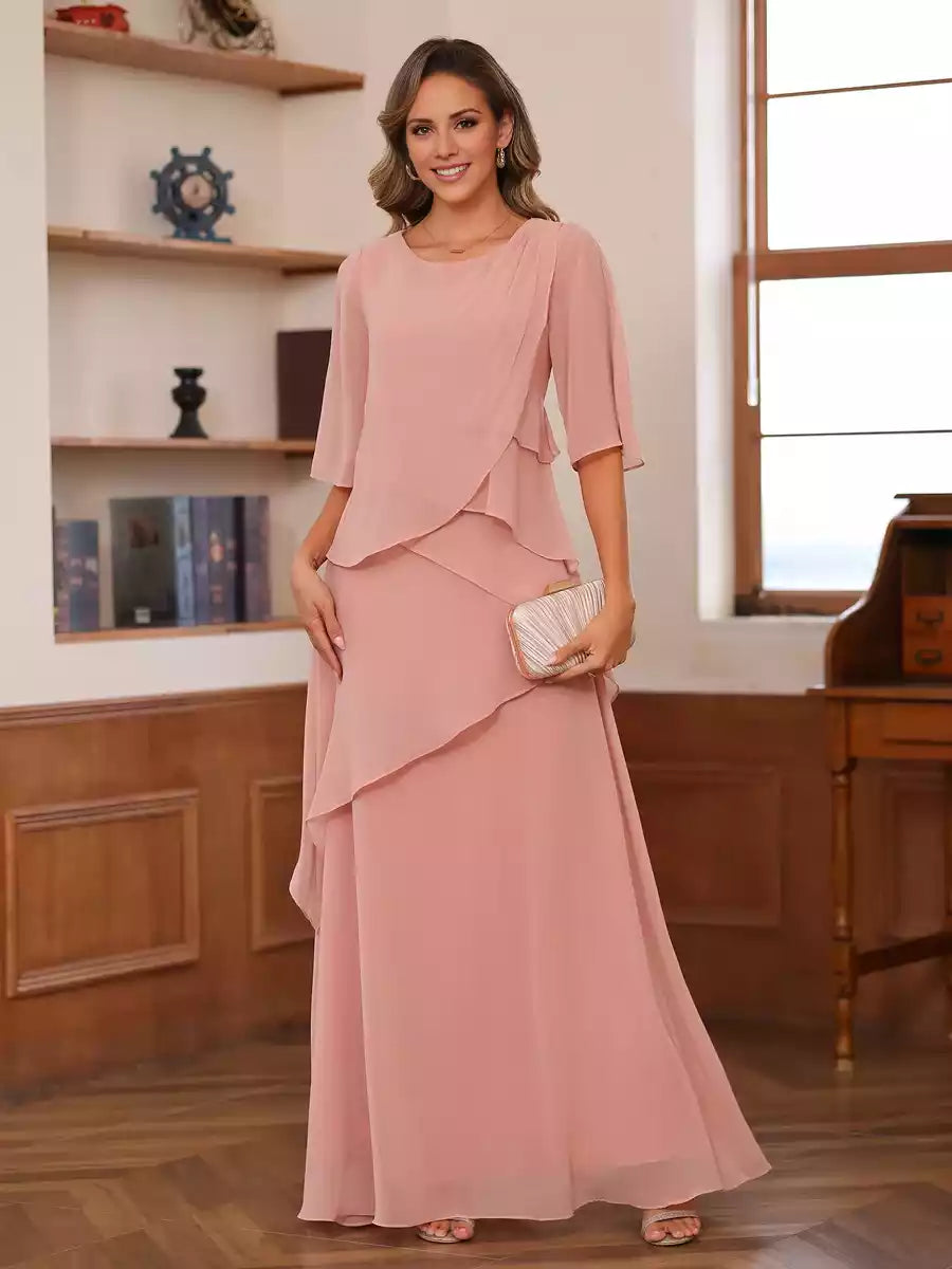 Elegant A-line/princess style round neck short sleeved layered chiffon Mother of the Bride Dresses