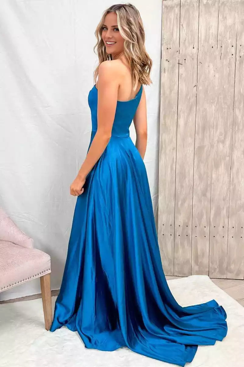 Elegant A-line satin single shoulder collar with sleeveless slit, pleated zipper, Prom Dresses on the back